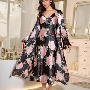 Pack of 2 Women Floral Satin Nightdress with Robe | Premium Nighty Set | Soft & Stylish Nightwear for Ladies