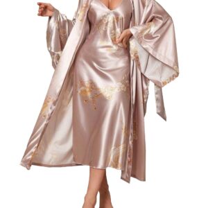Pack of 2 Women Stylish Printed Nightdress with Robe | Long Satin Nighty with Belt | Premium Nightwear & Loungewear for Ladies